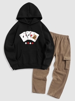 Playing Card Pattern Fleece-lined Hoodie and Multi-pocket Fuzzy Polar Fleece Cargo Pants Set Black