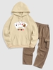 Playing Card Pattern Fleece-lined Hoodie and Multi-pocket Fuzzy Polar Fleece Cargo Pants Set Light coffee