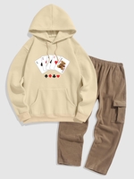 Playing Card Pattern Fleece-lined Hoodie and Multi-pocket Fuzzy Polar Fleece Cargo Pants Set Light coffee