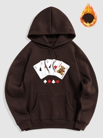 Playing Card Pattern Fleece-lined Hoodie L Deep coffee
