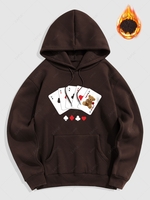 Playing Card Pattern Fleece-lined Hoodie Xl Deep coffee
