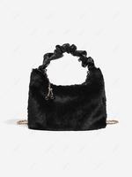 Pleated Handle Design Fuzzy Chain Crossbody Bag