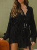 Plisse Belted Drop Shoulder Shirt Dress L Black