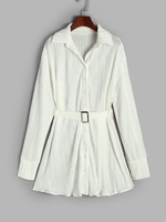 Plisse Belted Drop Shoulder Shirt Dress M White