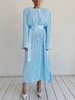 Plisse Belted Shoulder Padded Dress L Blue