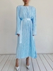 Plisse Belted Shoulder Padded Dress M Blue