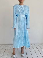 Plisse Belted Shoulder Padded Dress M Blue
