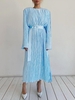 Plisse Belted Shoulder Padded Dress S Blue