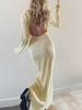 Plisse Cut Out Back Shoulder Padded Slit Maxi Dress M Light coffee