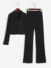 Plisse Lapel Slit Hem Straight Pants Set M Black