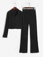 Plisse Lapel Slit Hem Straight Pants Set M Black