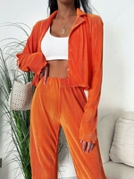 Plisse Lapel Slit Hem Straight Pants Set S Orange