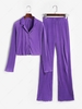 Plisse Lapel Slit Hem Straight Pants Set S Purple