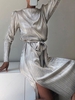 Plisse Metallic Belted Slit Dress L Silver