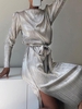 Plisse Metallic Belted Slit Dress M Silver