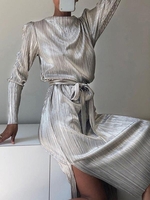 Plisse Metallic Belted Slit Dress S Silver