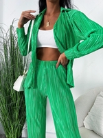 Plisse Pleated Button Up Shirt and Pants L Green