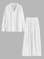 Plisse Pleated Button Up Shirt and Pants M White