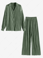 Plisse Pleated Button Up Shirt and Pants S Deep green