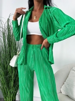Plisse Pleated Button Up Shirt and Pants S Green