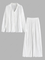 Plisse Pleated Button Up Shirt and Pants S White