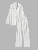 Plisse Pleated Button Up Shirt and Pants Set L White