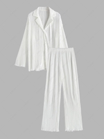 Plisse Pleated Button Up Shirt and Pants Set M White