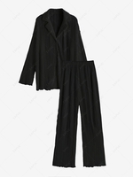Plisse Pleated Button Up Shirt and Pants Set S Black