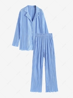 Plisse Pleated Button Up Shirt and Pants Set S Light blue