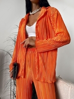 Plisse Pleated Button Up Shirt and Pants Set S Tangerine