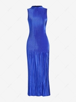 Plisse Pleated Mock Neck Midi Party Dress L Blue