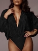 Plisse Pleated Surplice Bodysuit M Black