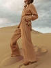 Plisse Pleated Textured Shirt and Wide Leg Pants Set S Coffee