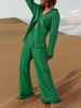 Plisse Pleated Textured Shirt and Wide Leg Pants Set S Green