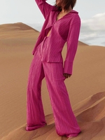 Plisse Pleated Textured Shirt and Wide Leg Pants Set S Light pink