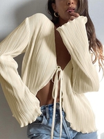 Plisse Pleated Tie Front Top S Light coffee