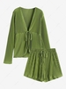 Plisse Pleated Tied High Waisted Shorts Set M Green