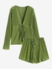 Plisse Pleated Tied High Waisted Shorts Set S Green