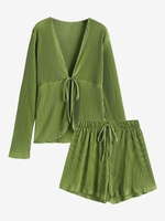 Plisse Pleated Tied High Waisted Shorts Set S Green