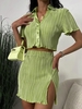 Plisse Pleated V Notched Slit Mini Skirt Set S Light green