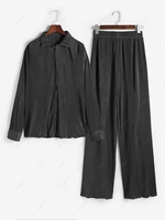 Plisse Shirt and Wide Leg Pants Set L Black