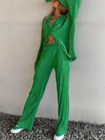 Plisse Shirt and Wide Leg Pants Set M Green