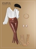 Plisse V Notched Shirt with PU Zipper Slit Hem Pants Set Coffee
