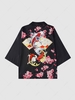 Plum Blossom Floral Print Sea Wave Fish Kimono L Black