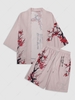 Plum Blossom Print Kimono and Shorts Set L Pink