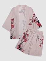 Plum Blossom Print Kimono and Shorts Set L Pink