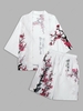Plum Blossom Print Kimono and Shorts Set L White