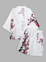 Plum Blossom Print Kimono and Shorts Set L White