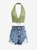 Plunge Backless Wrap Crop Top With Ripped Denim Shorts Light green