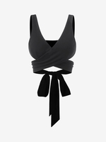 Plunge Crossover Tied Crop Tank Top L Black
